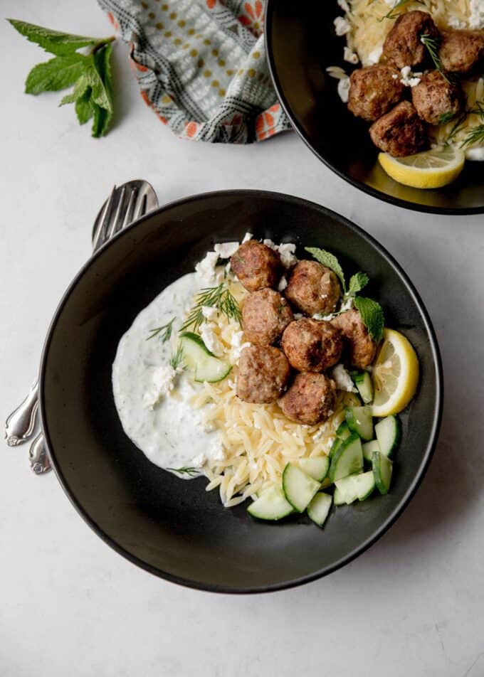 Greek Turkey Meatballs with Orzo and Tzatziki