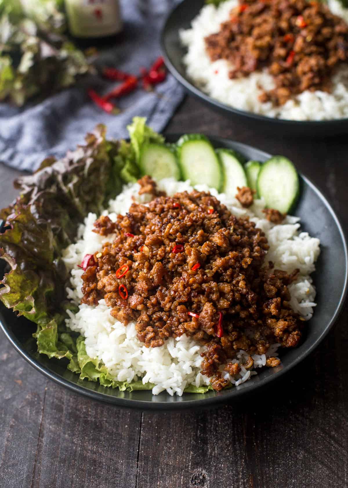 pork and rice bowls with cucumber and lettuce