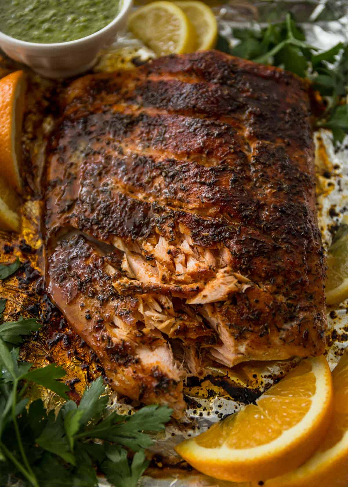 blackened salmon with citrus salsa verde on foil