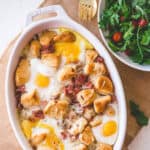 ham and cheese bake in a white baking dish