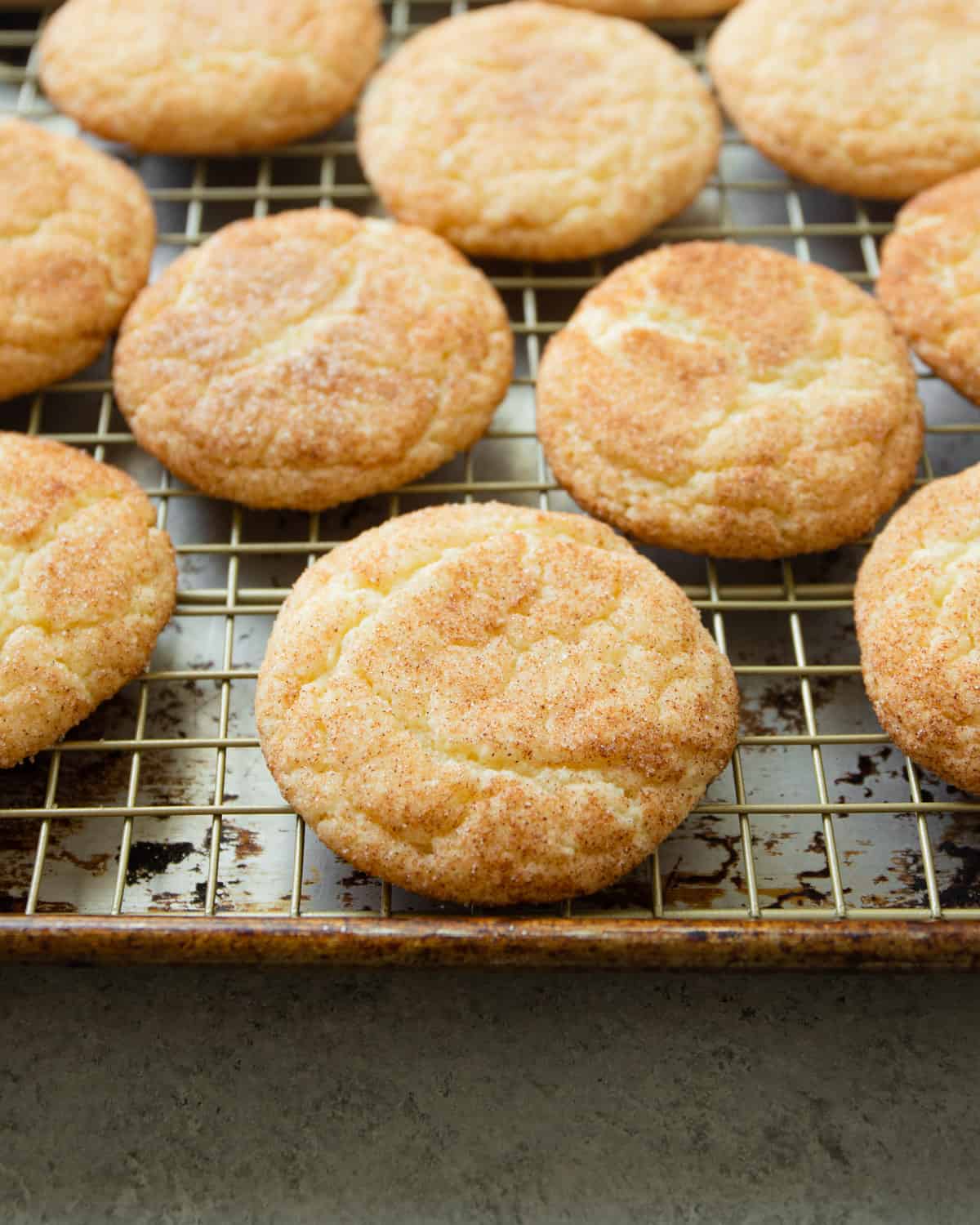 snickerdoodle cookies on a sheet pan