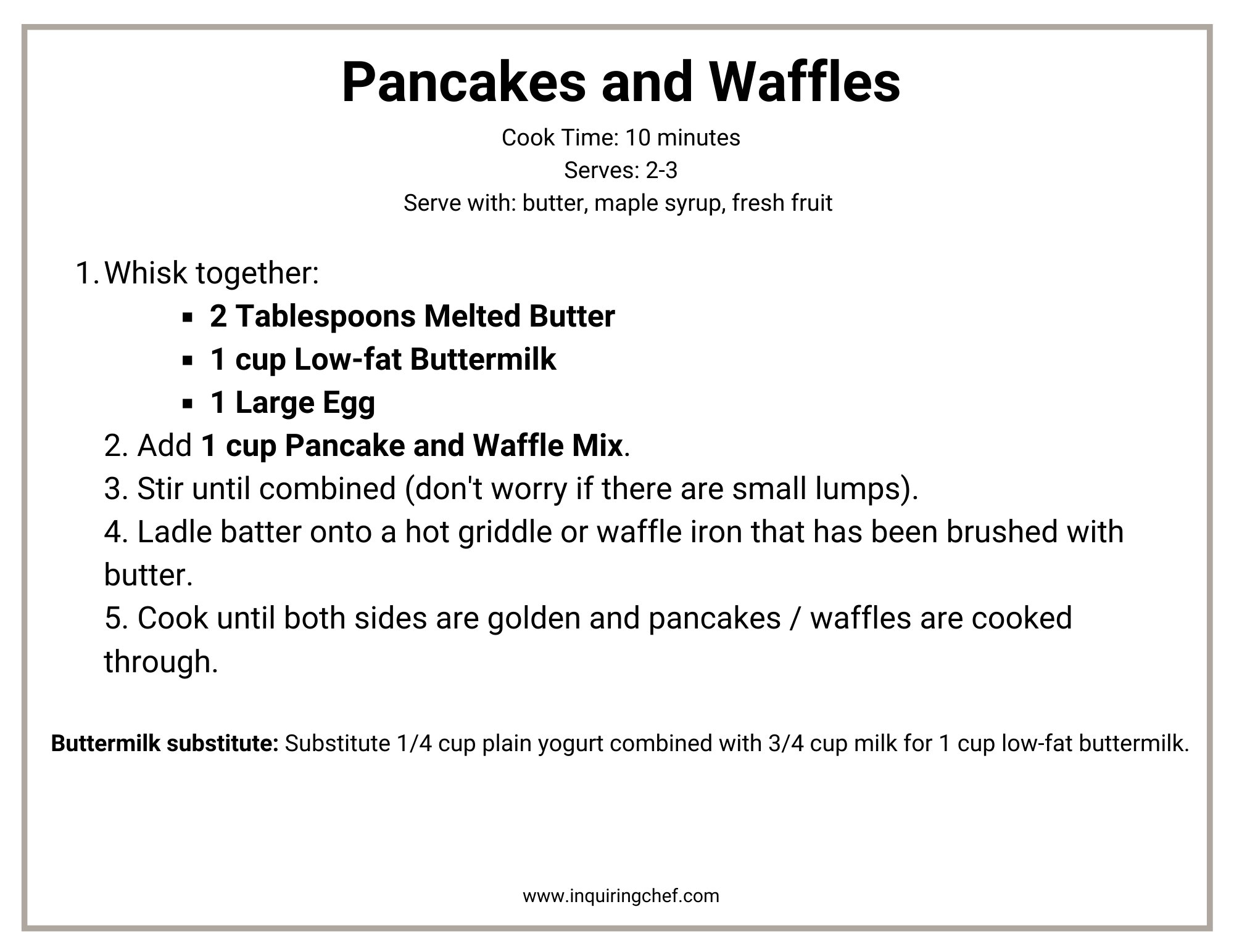 printable recipe card for pancakes and waffles from dry mix