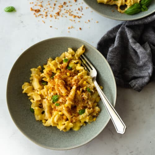 Pasta with Creamy Corn Sauce, Basil and Breadcrumbs