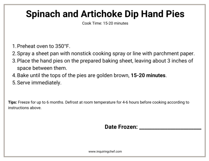 spinach and artichoke dip hand pies freezer label