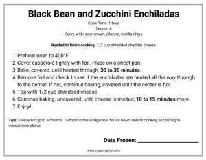 black bean and zucchini enchiladas freezer label