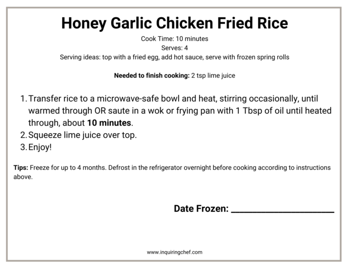 honey garlic chicken fried rice freezer label