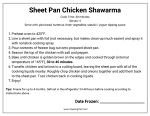 sheet pan chicken shawarma freezer label