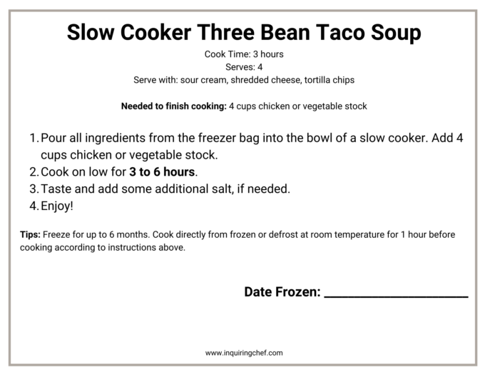 three bean taco soup freezer label