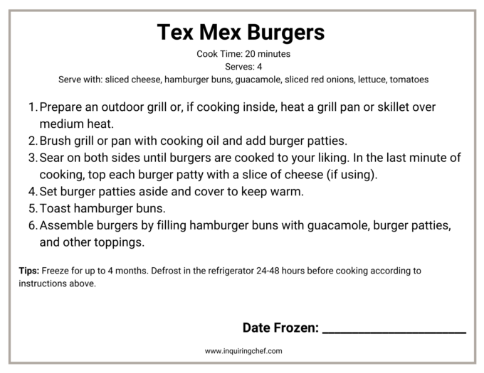 tex mex burgers freezer label