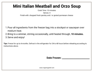 mini italian meatball and orzo soup freezer label