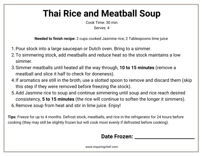 thai rice and meatball soup freezer label