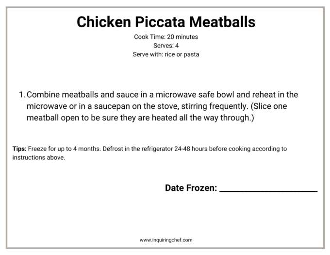chicken piccata meatballs freezer label