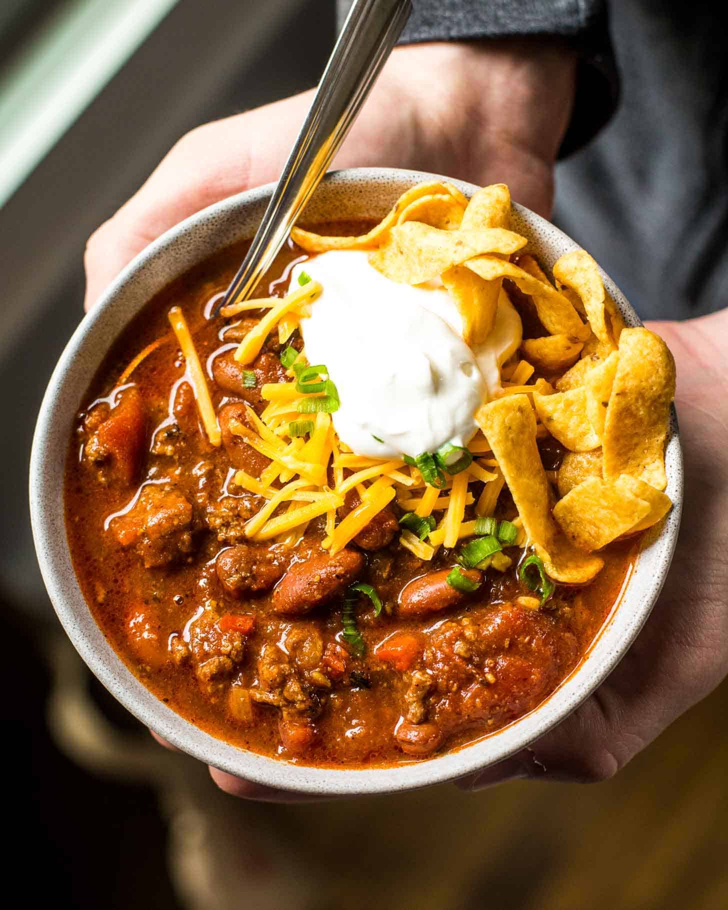 beef and bean chili in a white bowl