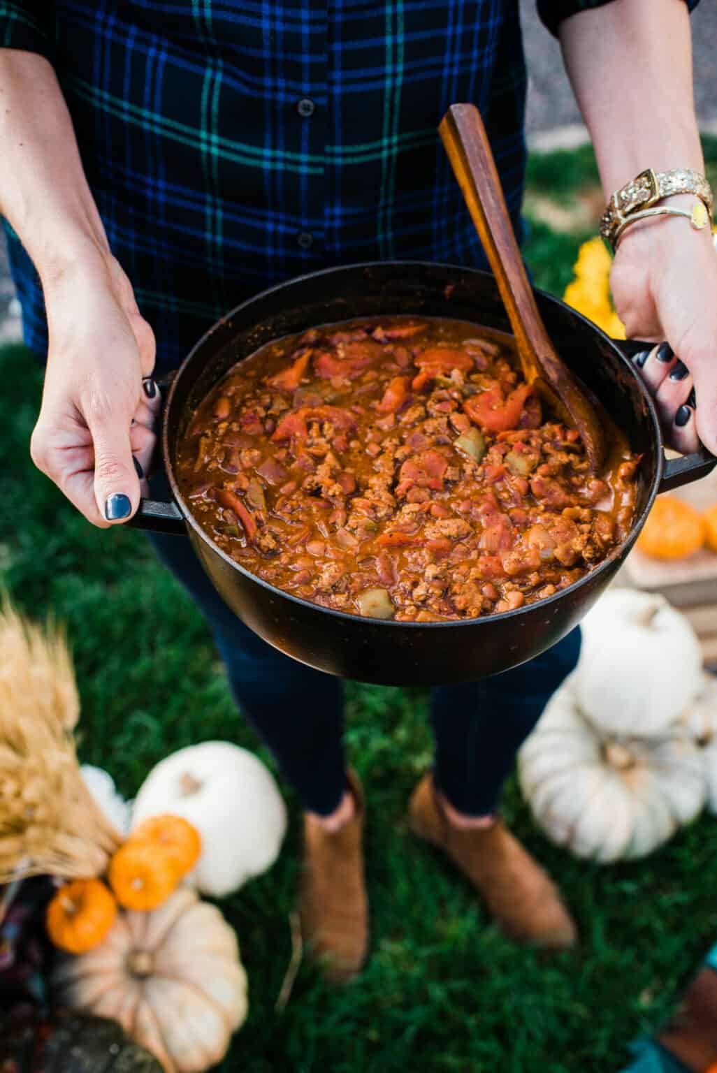 lamb chili in a black dutch oven