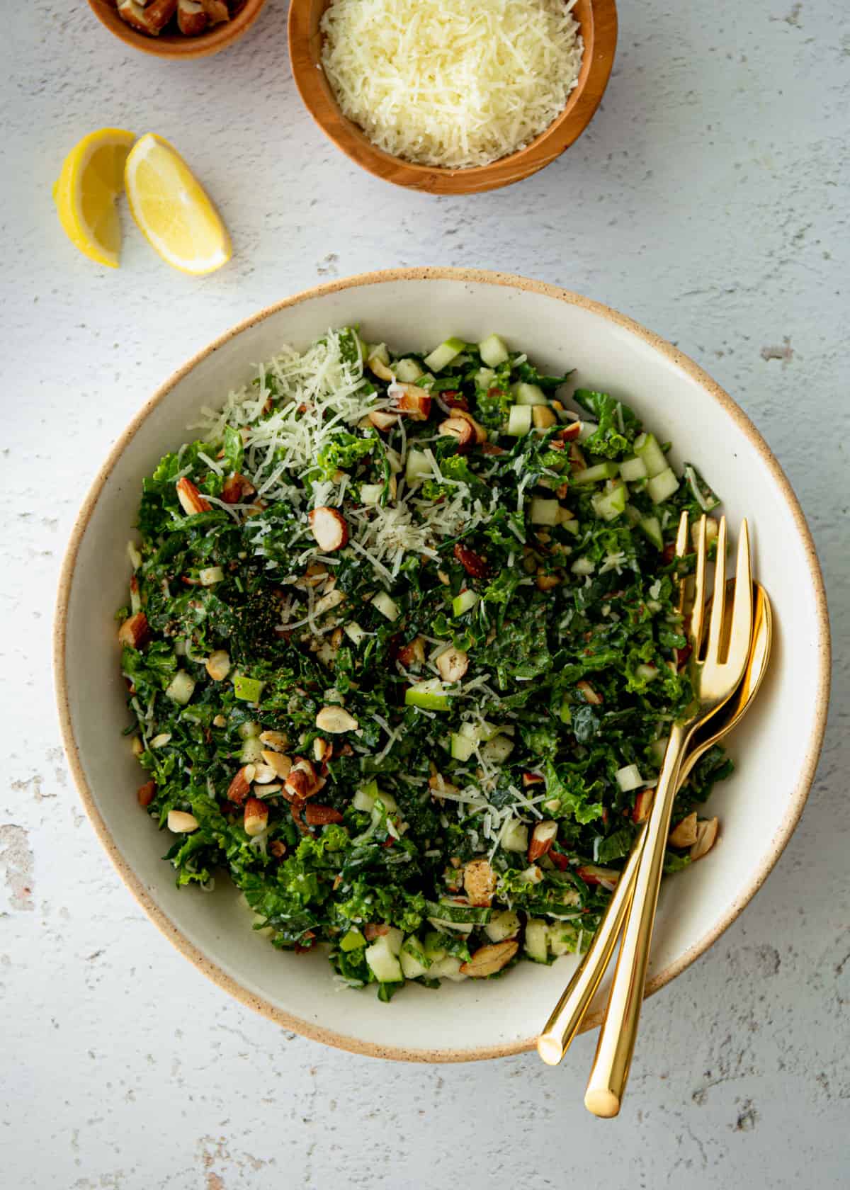 kale salad in a white bowl