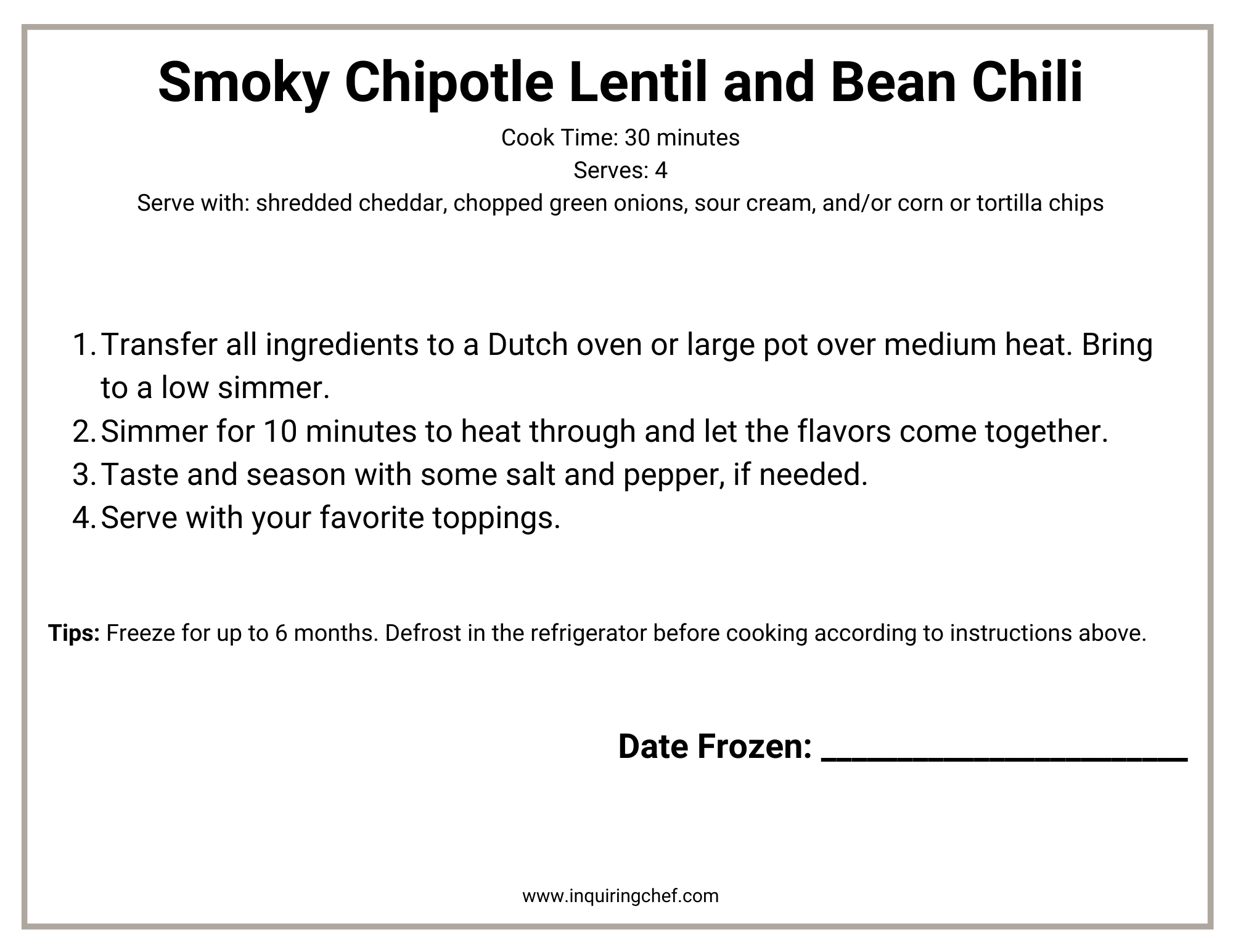 smoky chipotle chili freezer label