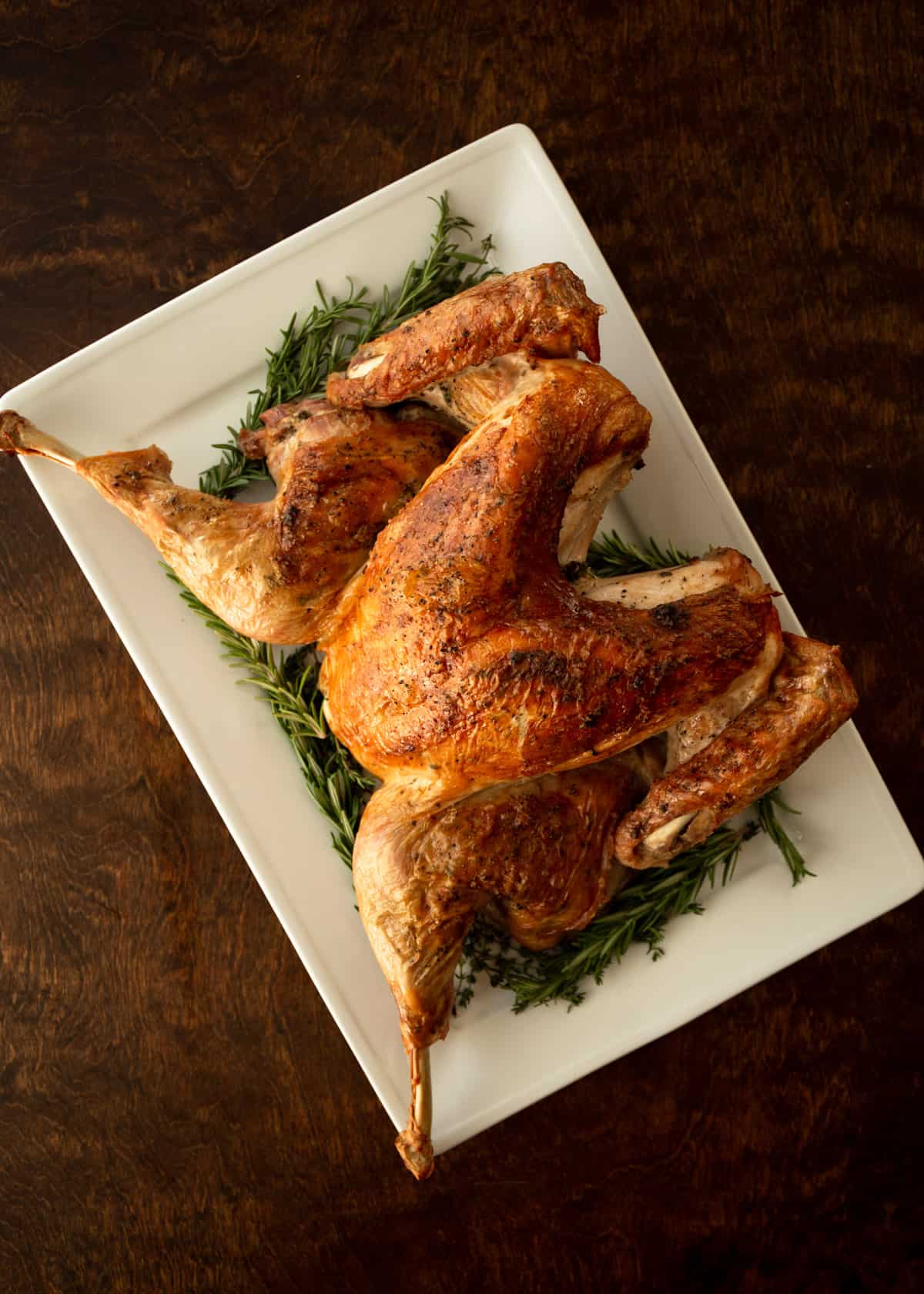 overhead image of cooked turkey on a white tray