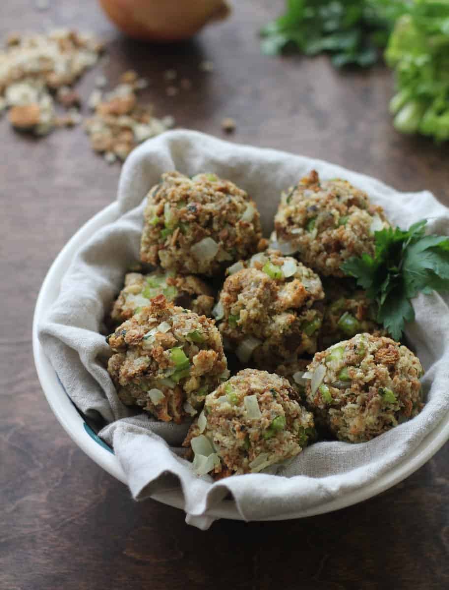 stuffing balls in a towel lined bowl