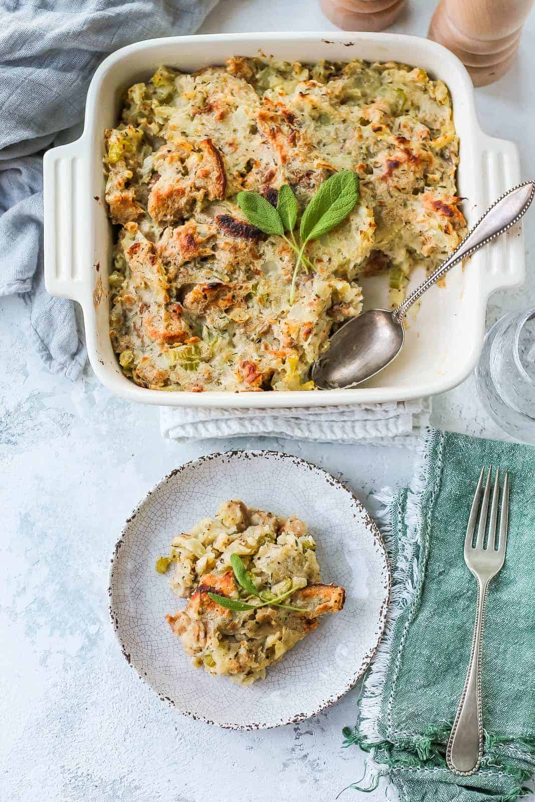 stuffing in a white square baking dish