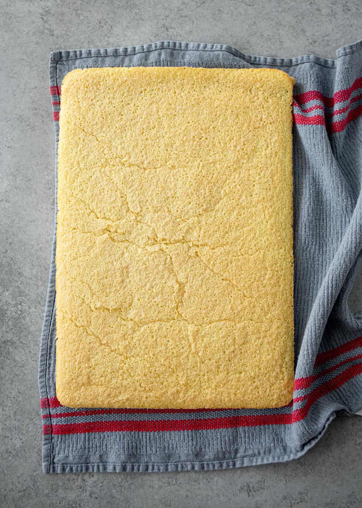 overhead image of a baked cake on a dish towel