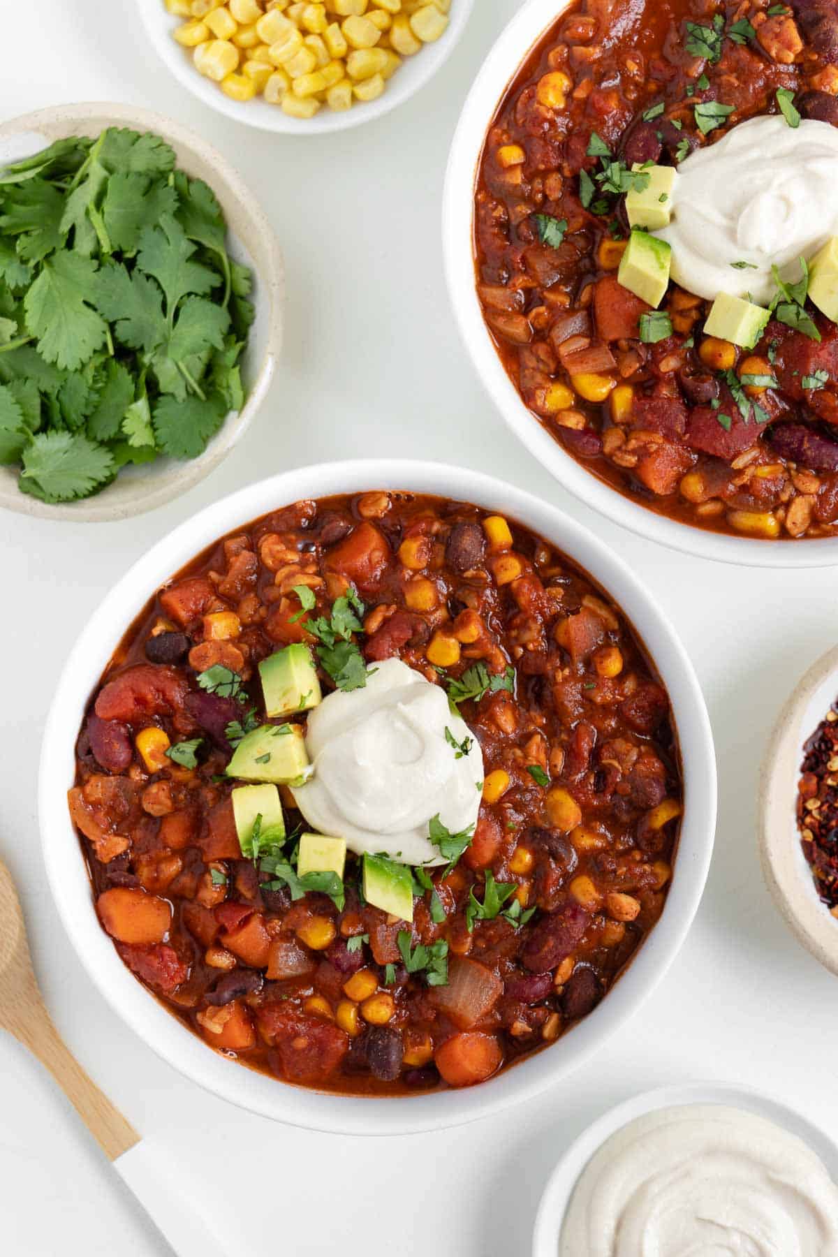 vegan chili in a white bowl