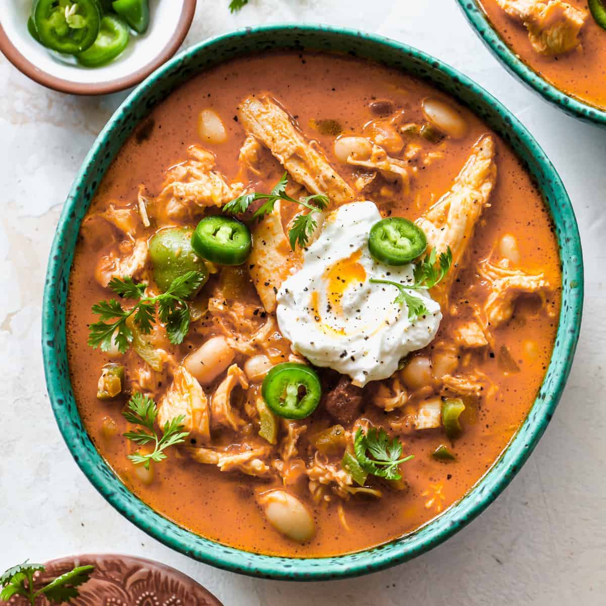 salsa verde chili in a blue bowl