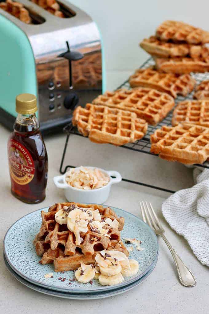 banana waffles on a blue plate