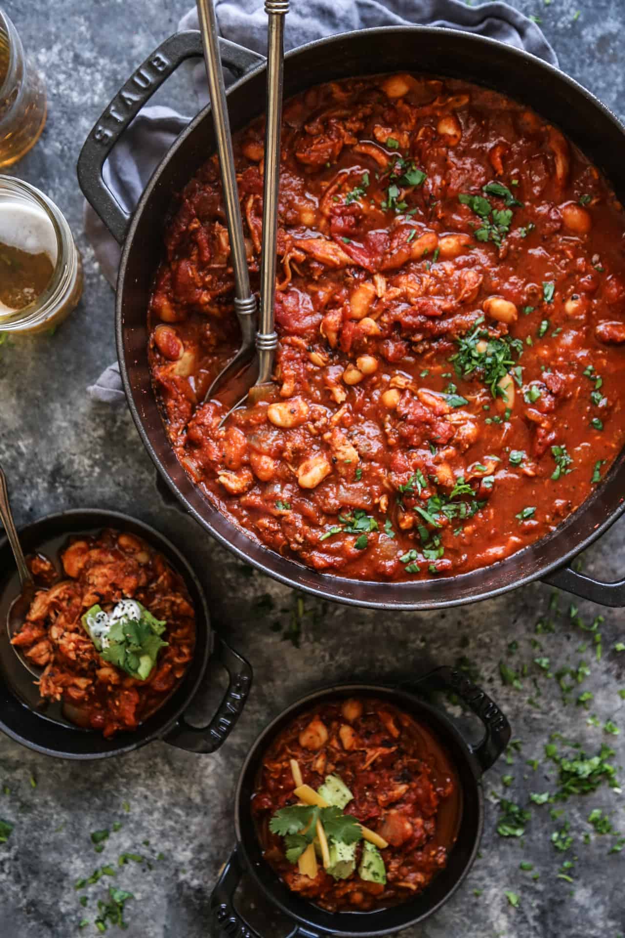 chili in a large black bowl