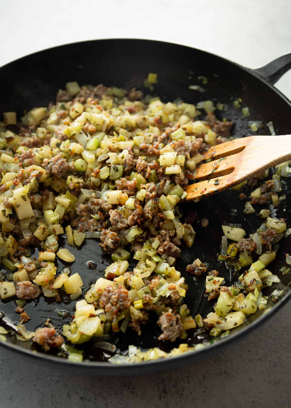 cooking vegetables in a cast iron skillet