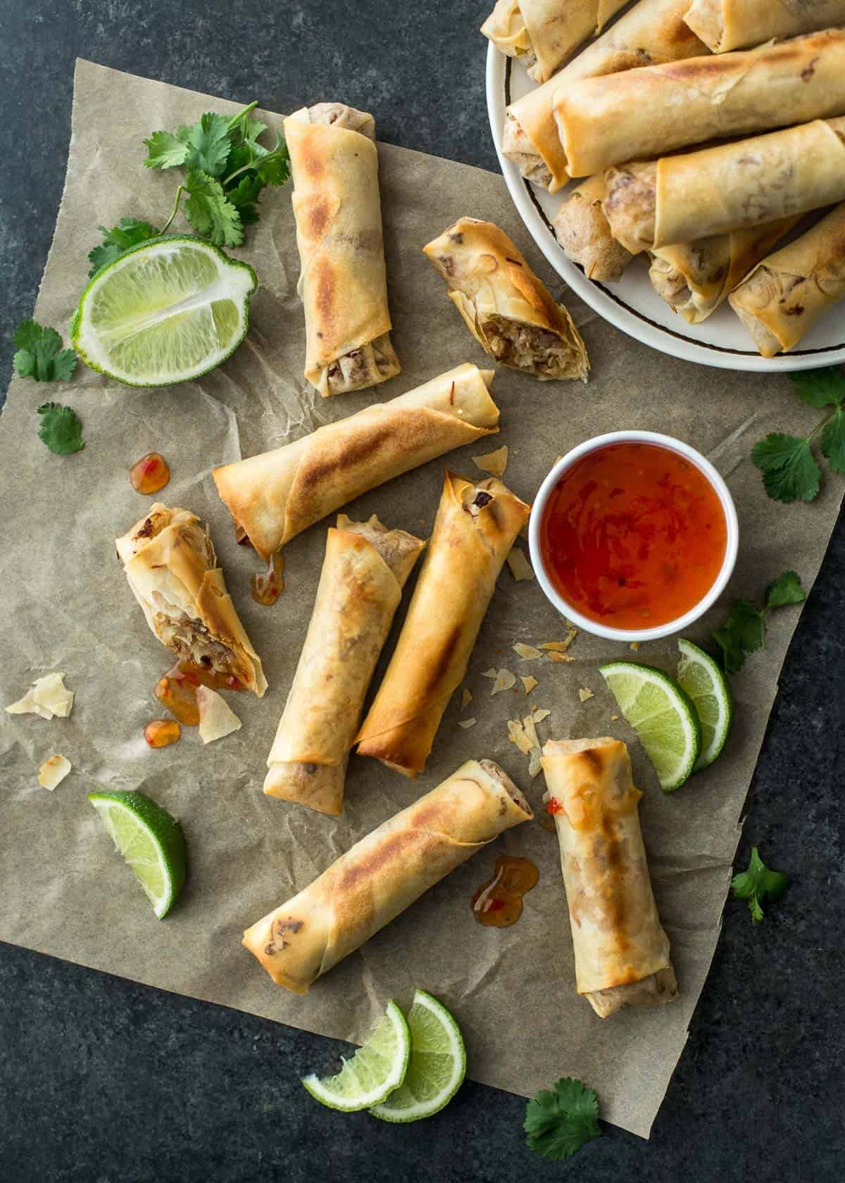 baked spring rolls on a grey countertop