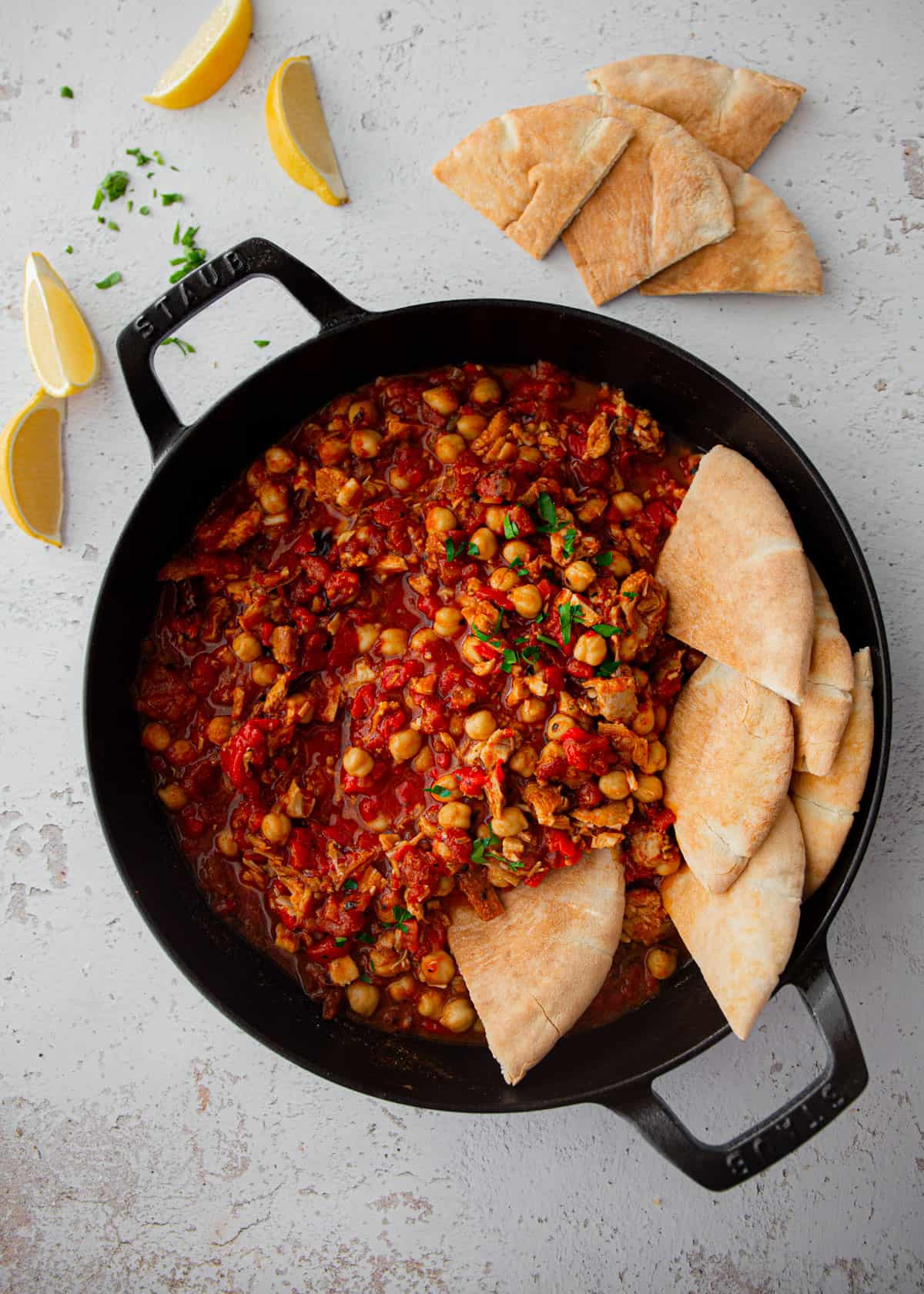 overhead image of stew in a black dutch oven