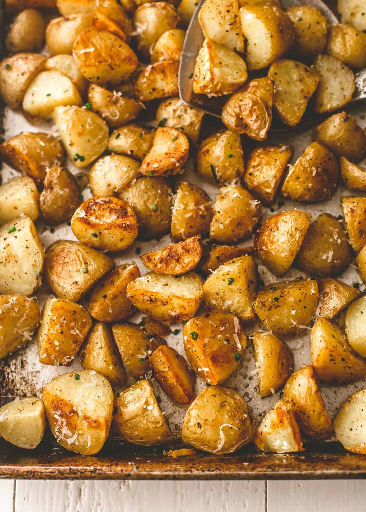 roasted potatoes on a sheet pan