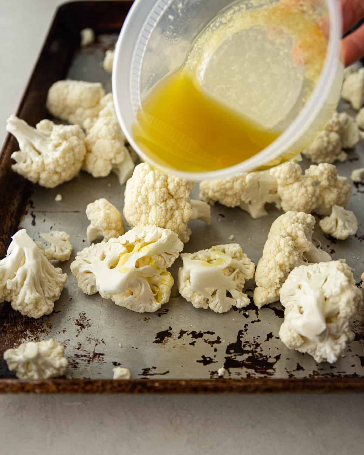 roasting cauliflower on a sheet pan