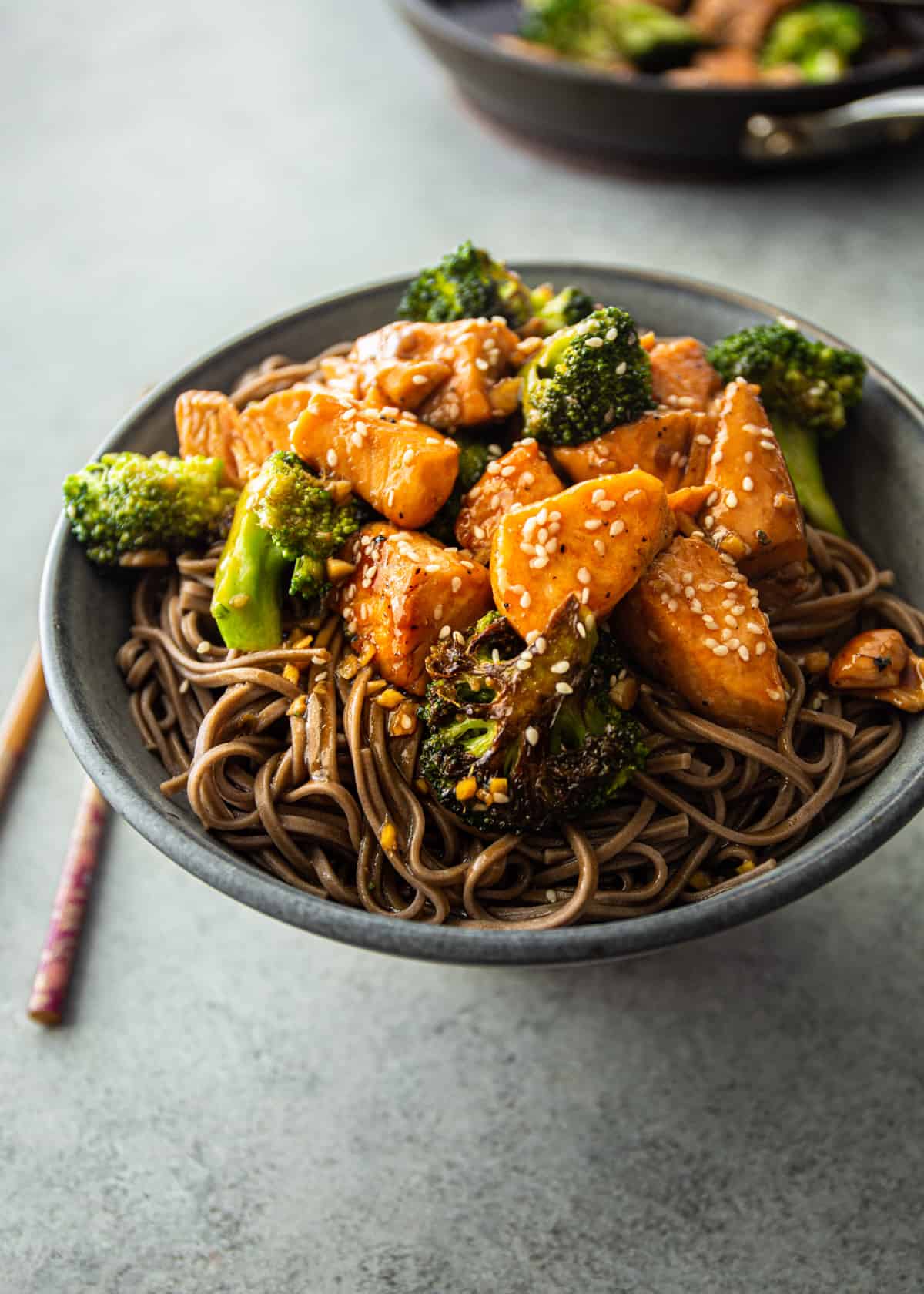 salmon and broccoli over soba noodles