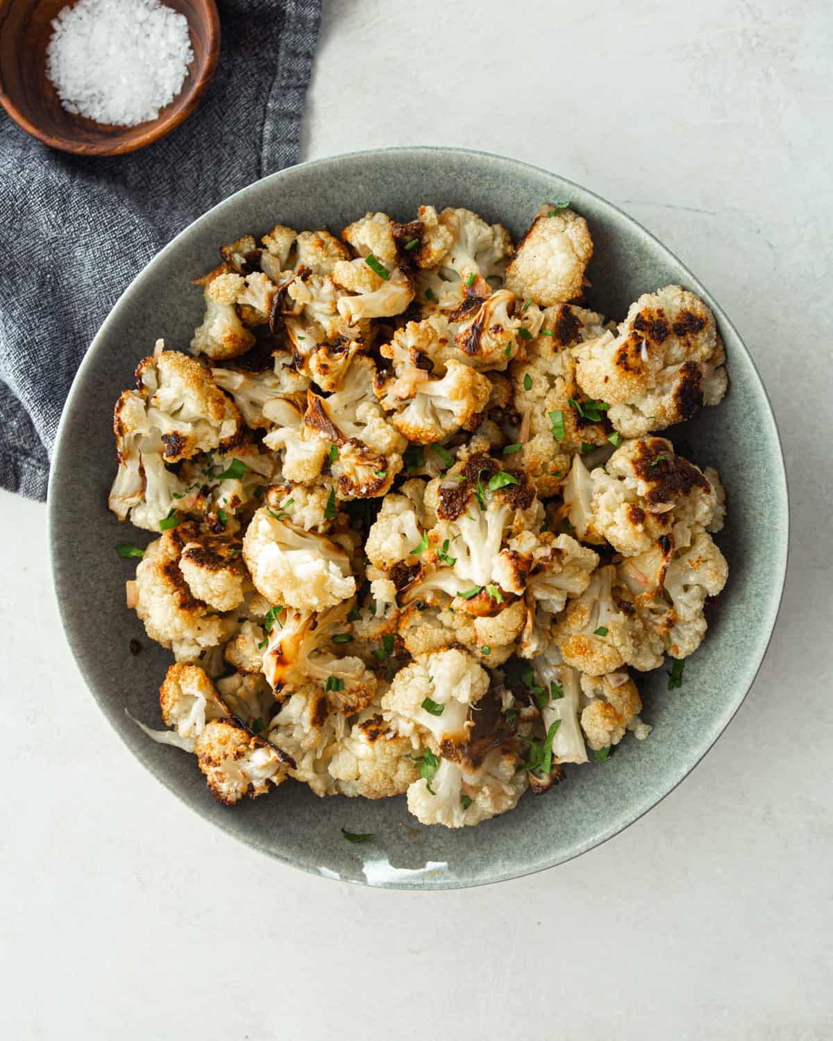 roasted cauliflower in a grey bowl