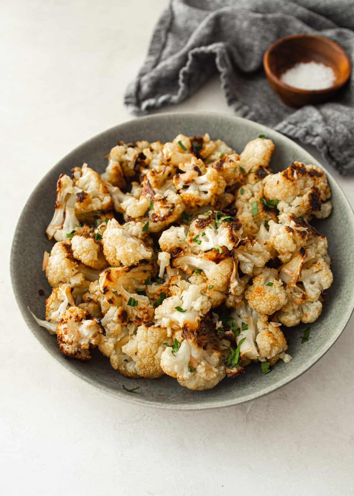 roasted cauliflower in a grey bowl