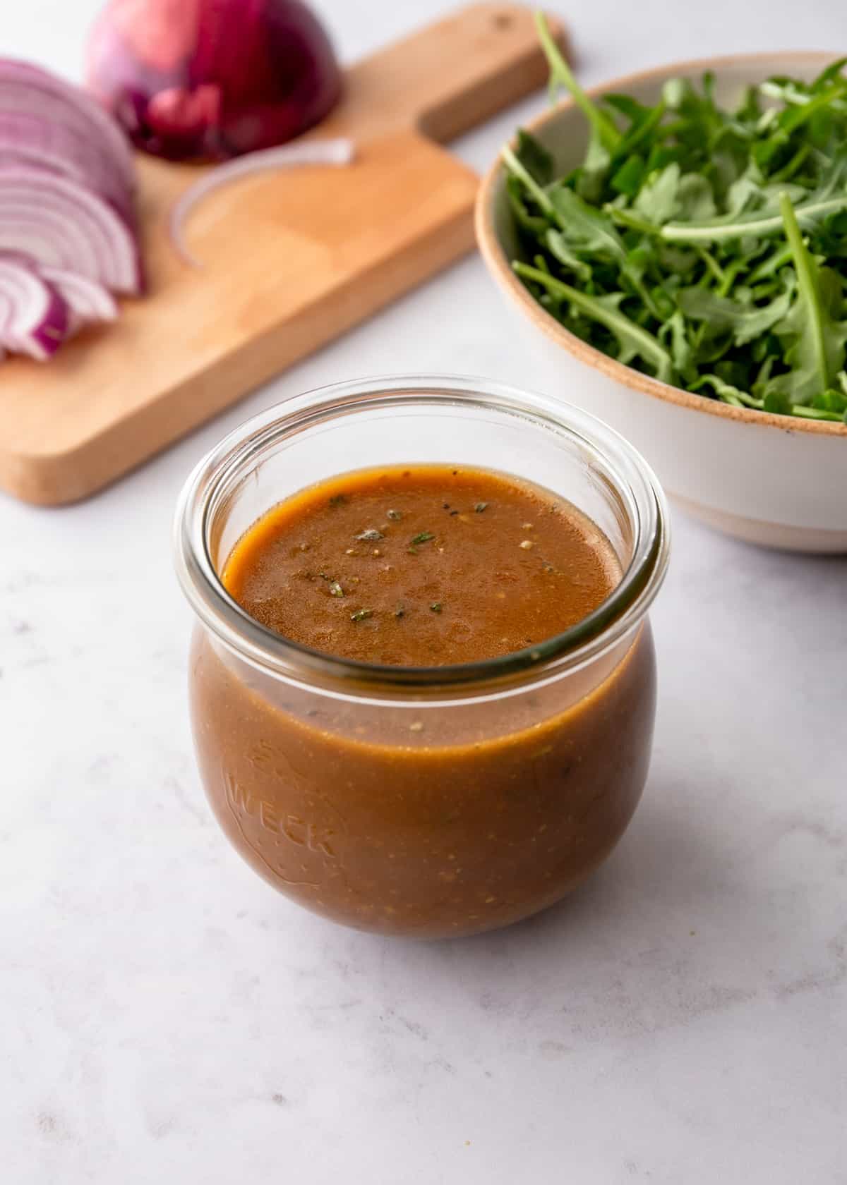 homemade balsamic vinaigrette in a small glass jar