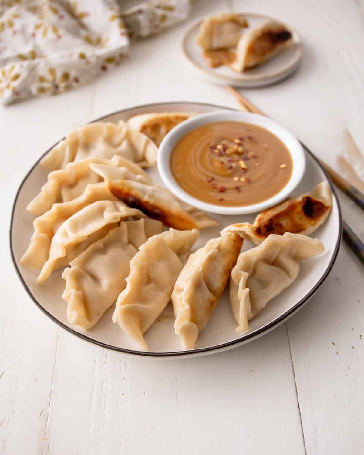 dumplings and dipping sauce on a white plate