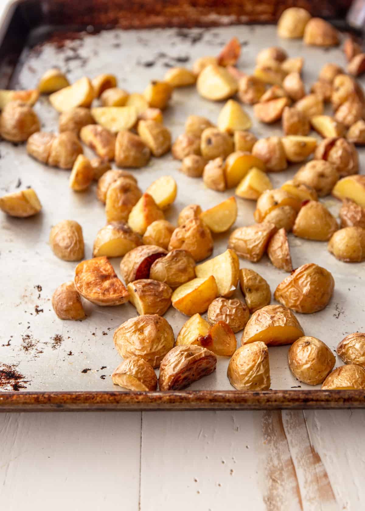 roasted potatoes on a sheet pan