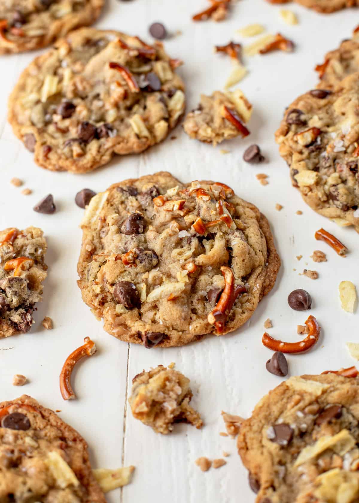 kitchen sink cookies on a white wooden background