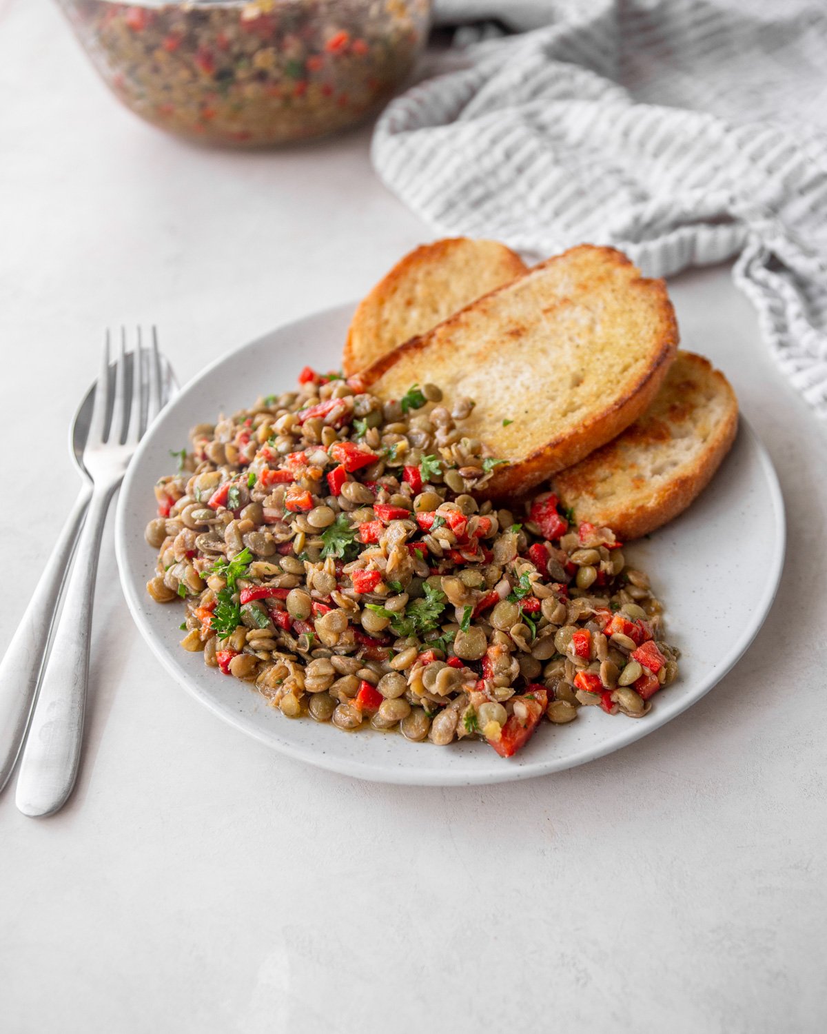 salada de lentilha em um prato branco com fatias de pão torrado