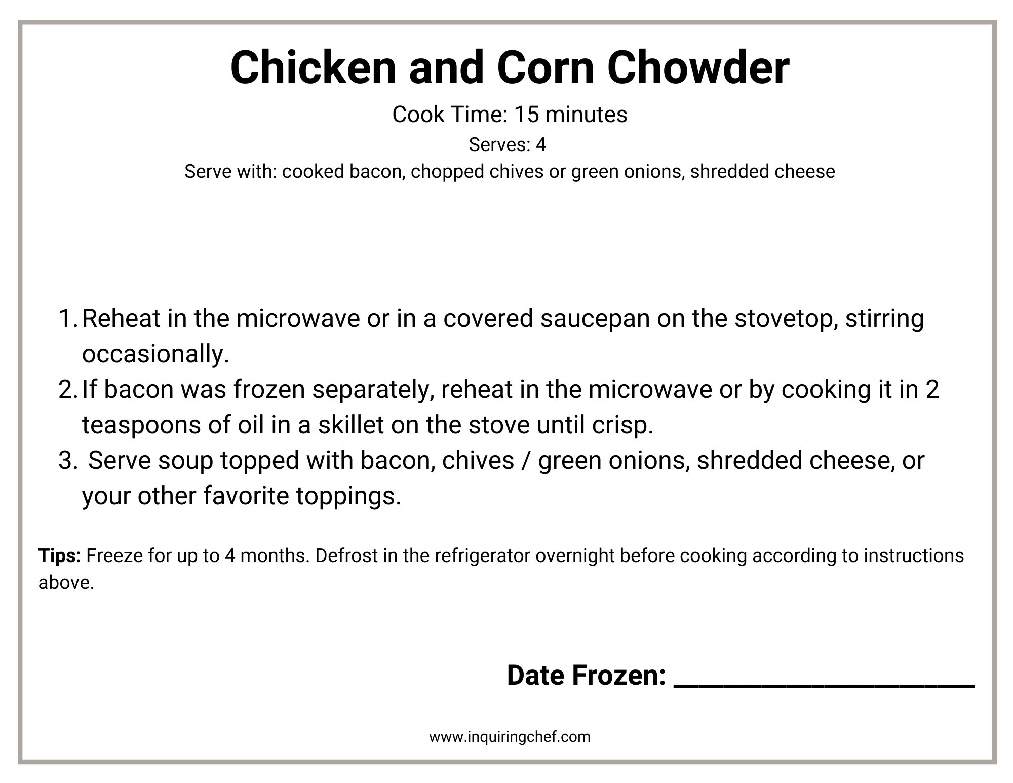 chicken chowder freezer label