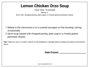 lemon chicken orzo soup freezer label