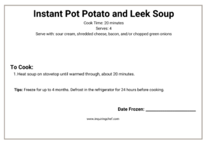 instant pot potato and leek soup freezer label