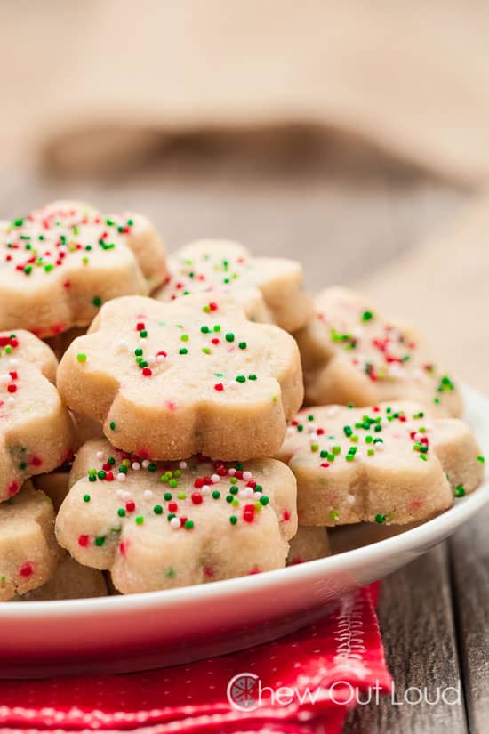 shortbread holiday cookies on a white plate