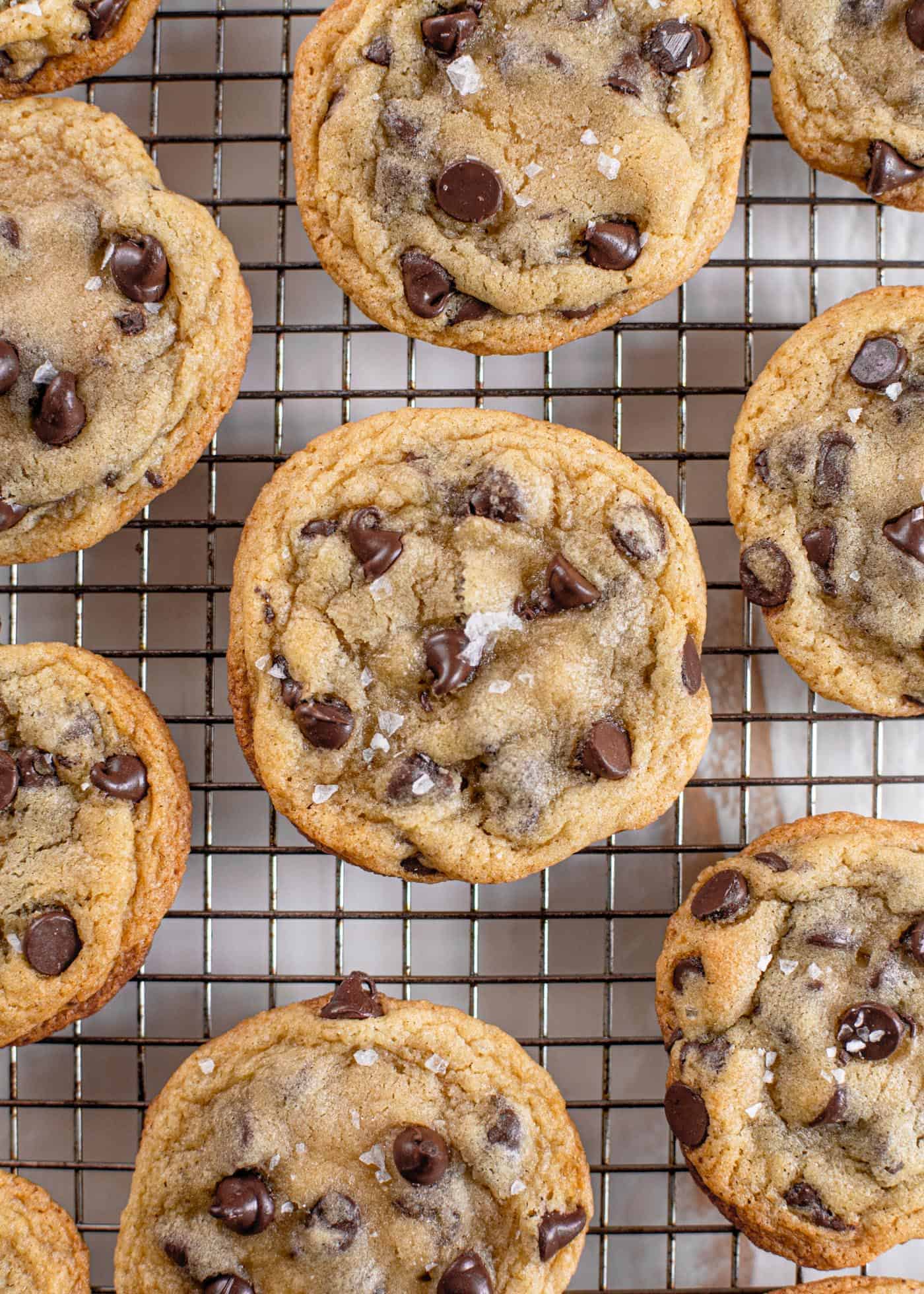 chocolate chip cookies on a wire cooling rack