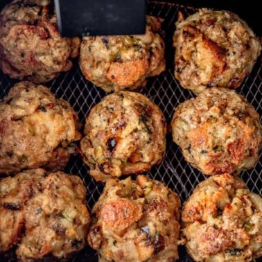 cooked stuffing balls in an air fryer