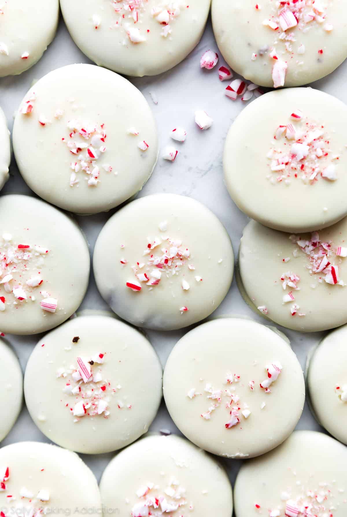 peppermint cookies covered in white chocolate