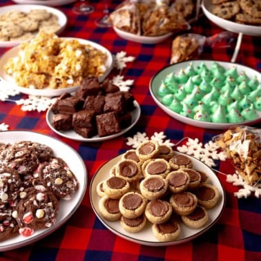 square image of a table with colorful cookies for a cookie exchange