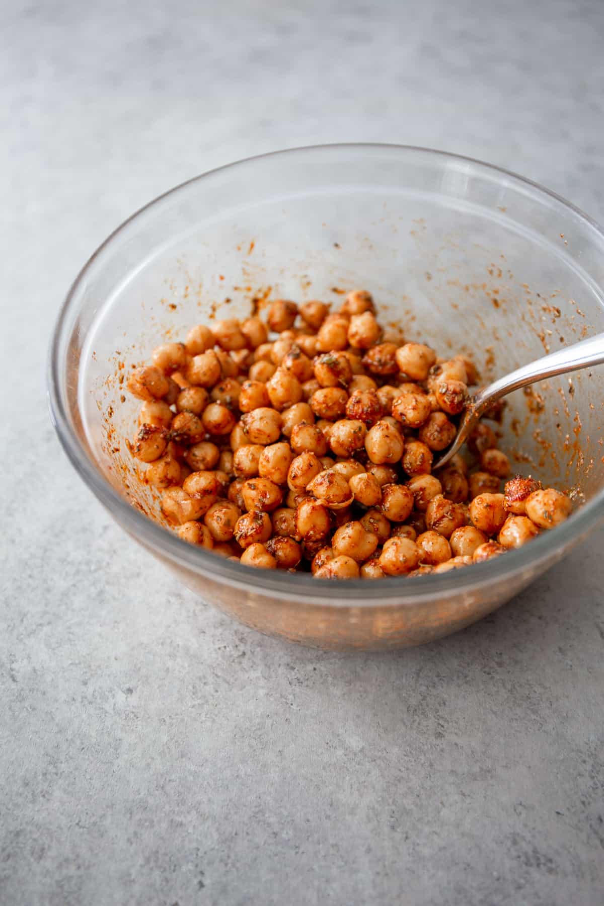 spiced chickpeas in a clear glass bowl